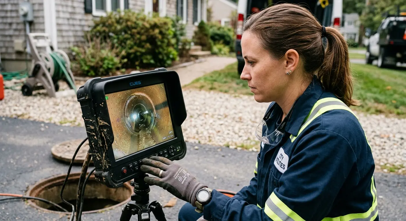 Technician reviewing sewer camera inspection footage in Willard