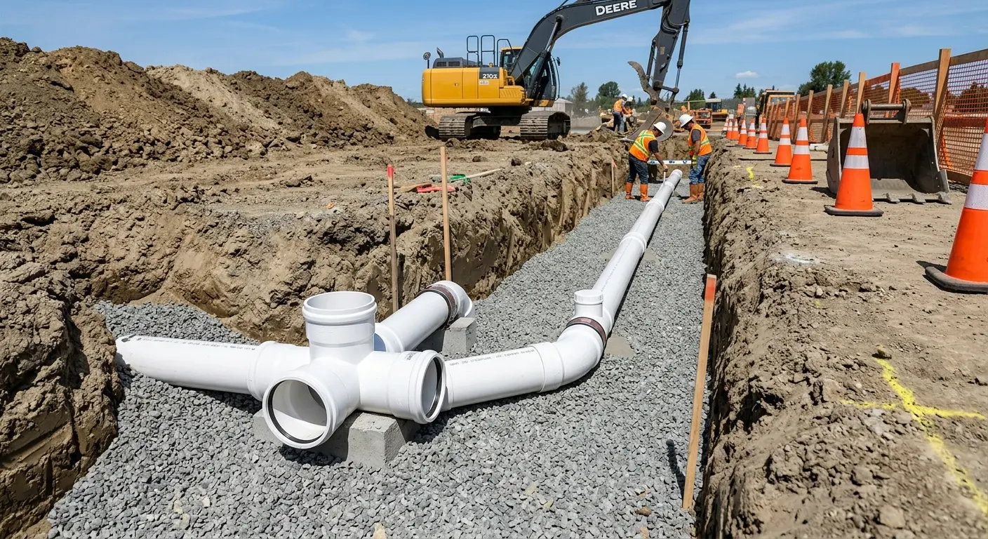 New PVC sewer pipe installation in open trench for Sewer Backup in Willard