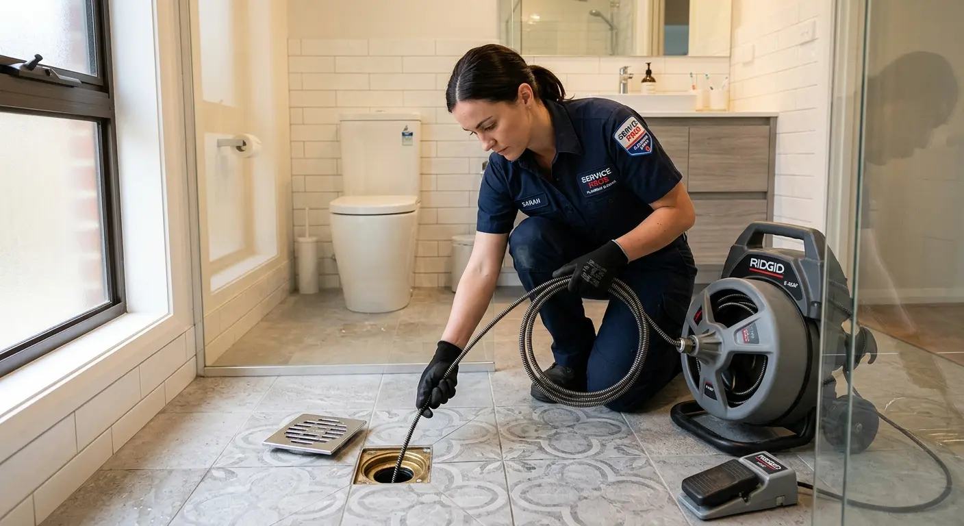 Technician clearing a bathroom floor drain for Clogged Drain Repair in Willard